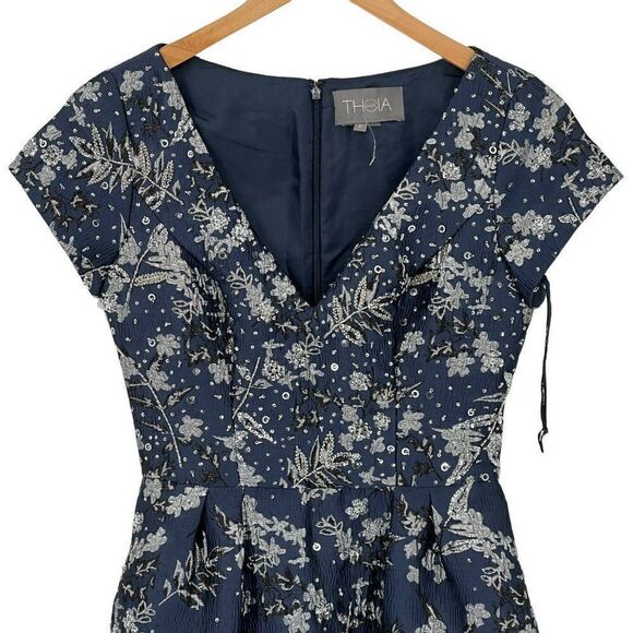 Theia Metallic Floral Jacquard A-Line Dress Knee Length Beaded Sequin Blue 2 - Picture 5 of 15